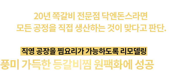 OEM공장에 소스와 고기를 공급하여 위탁생산 하려 했으나, 20년 쪽갈비 전문점 닥엔돈스라면 모든 공정을 직접 생산하는 것이 맞다고 판단. 직영 공장을 찜요리가 가능하도록 리모델링 하여
풍미 가득한 등갈비찜 원팩화에 성공했습니다!
